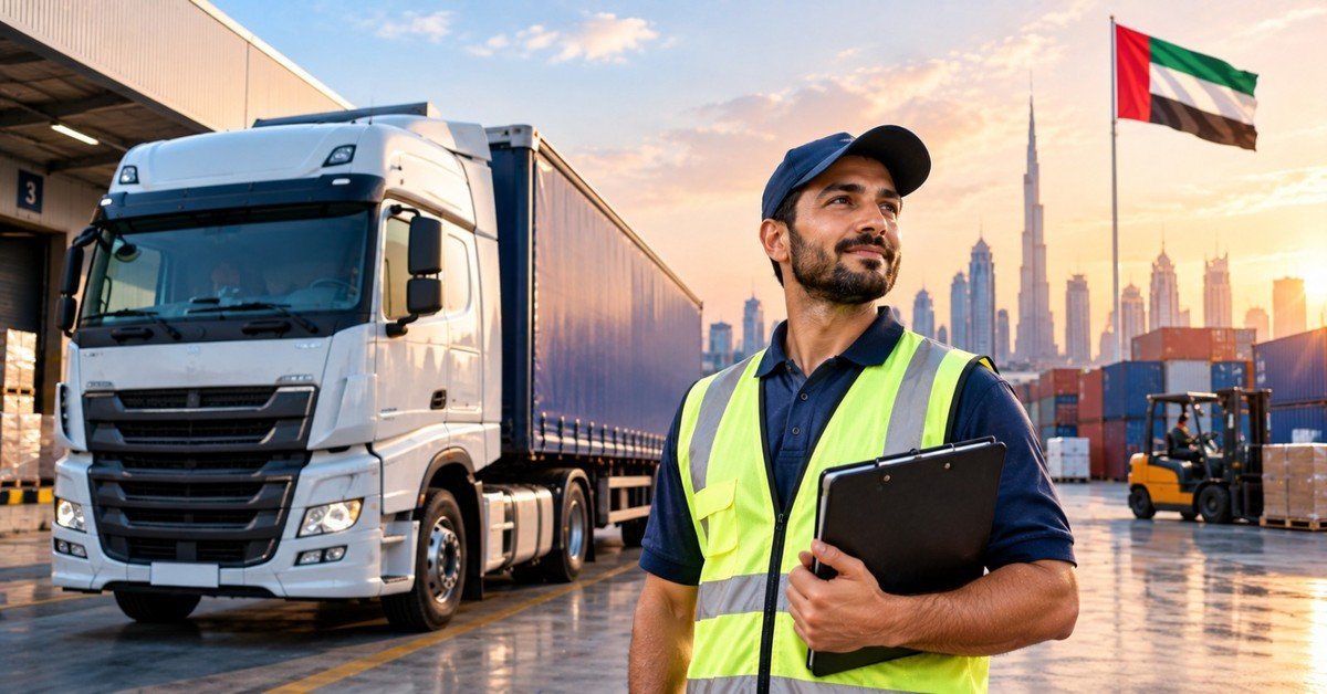 A logistics driver in a high-visibility vest holding a clipboard beside a white articulated truck at a loading bay, with shipping containers, a forklift, the UAE flag and the Dubai skyline behind him