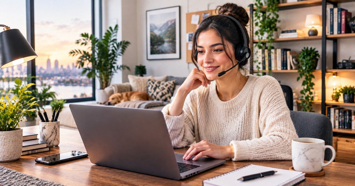 A remote customer service agent in a headset smiles on a call at her laptop in a cosy home office, with a dog asleep on the sofa and a city skyline at sunset through the window