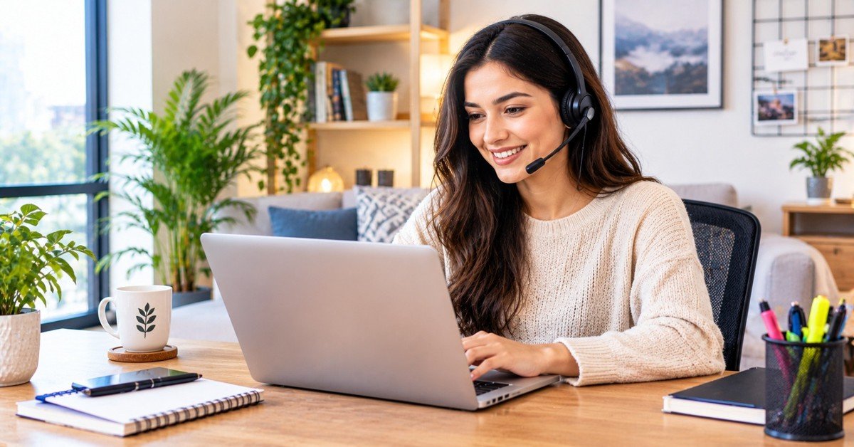 A smiling remote customer service representative wearing a headset types on a laptop at a wooden desk in a bright home office with plants, a notebook and a mug