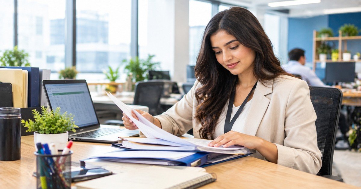 Office assistant reviewing files and a spreadsheet at a desk