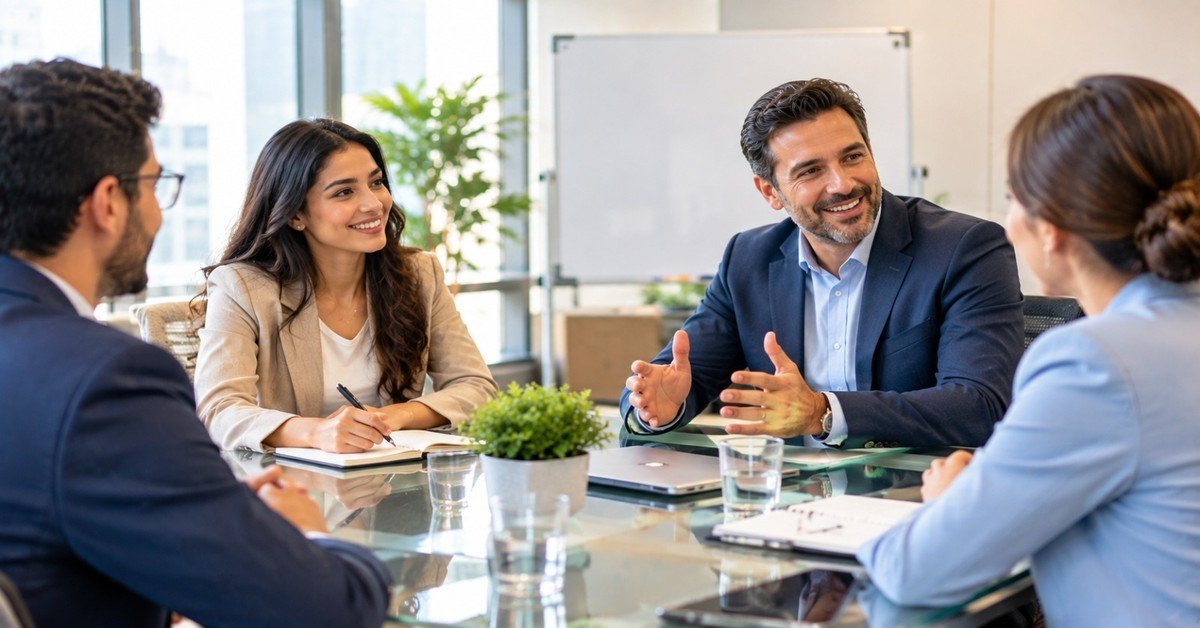 Candidate in an interview with a hiring panel in a meeting room