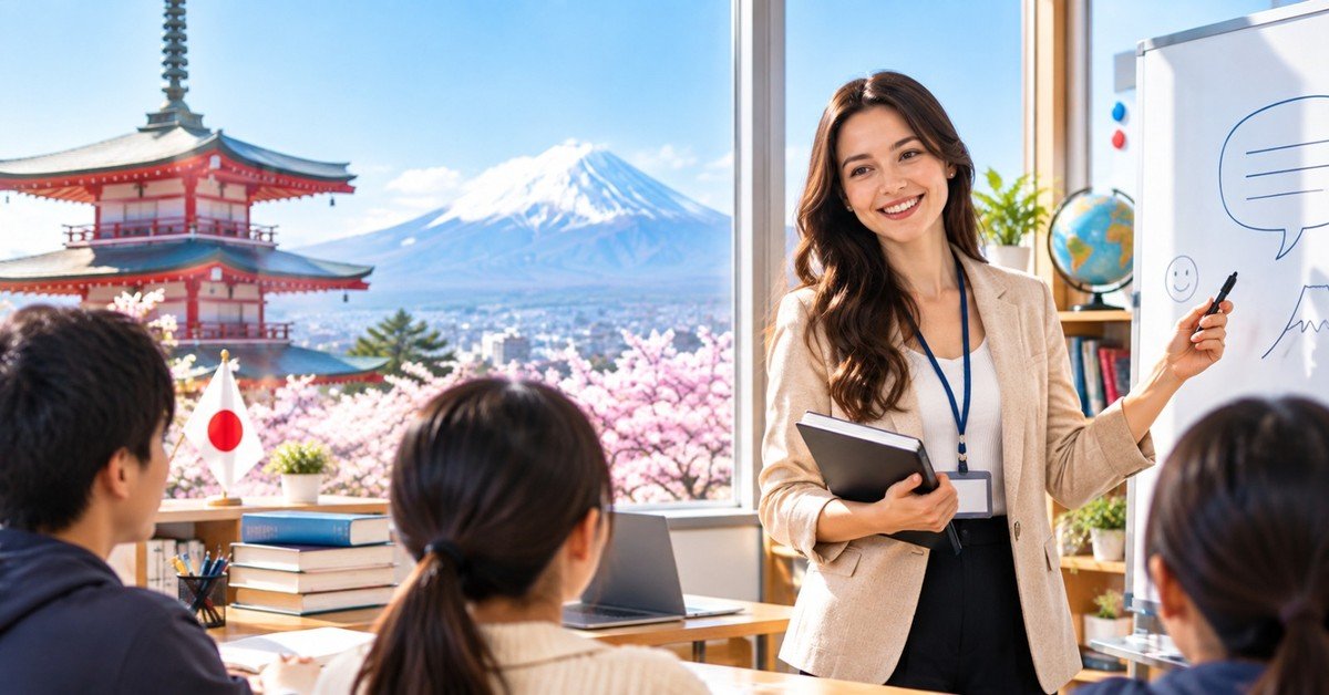A smiling English teacher with a lanyard pointing to a whiteboard in front of Japanese students, a pagoda, cherry blossoms and Mount Fuji through the classroom window