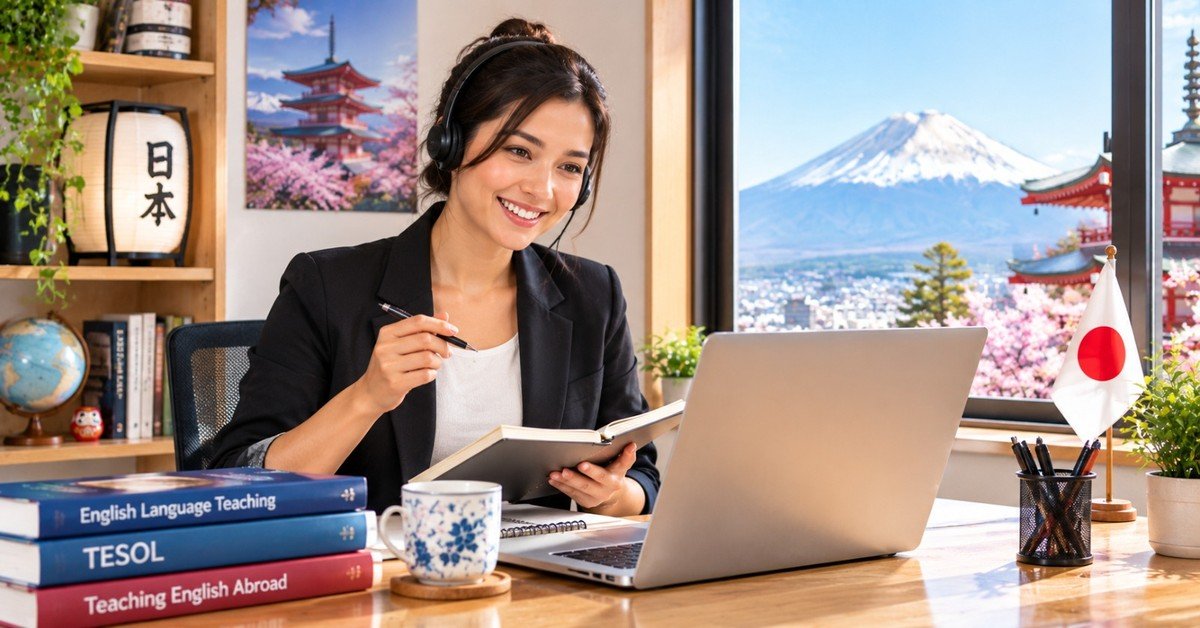 A teacher wearing a headset planning an English lesson at a laptop beside books on TESOL and teaching English abroad, Mount Fuji and a pagoda outside the window