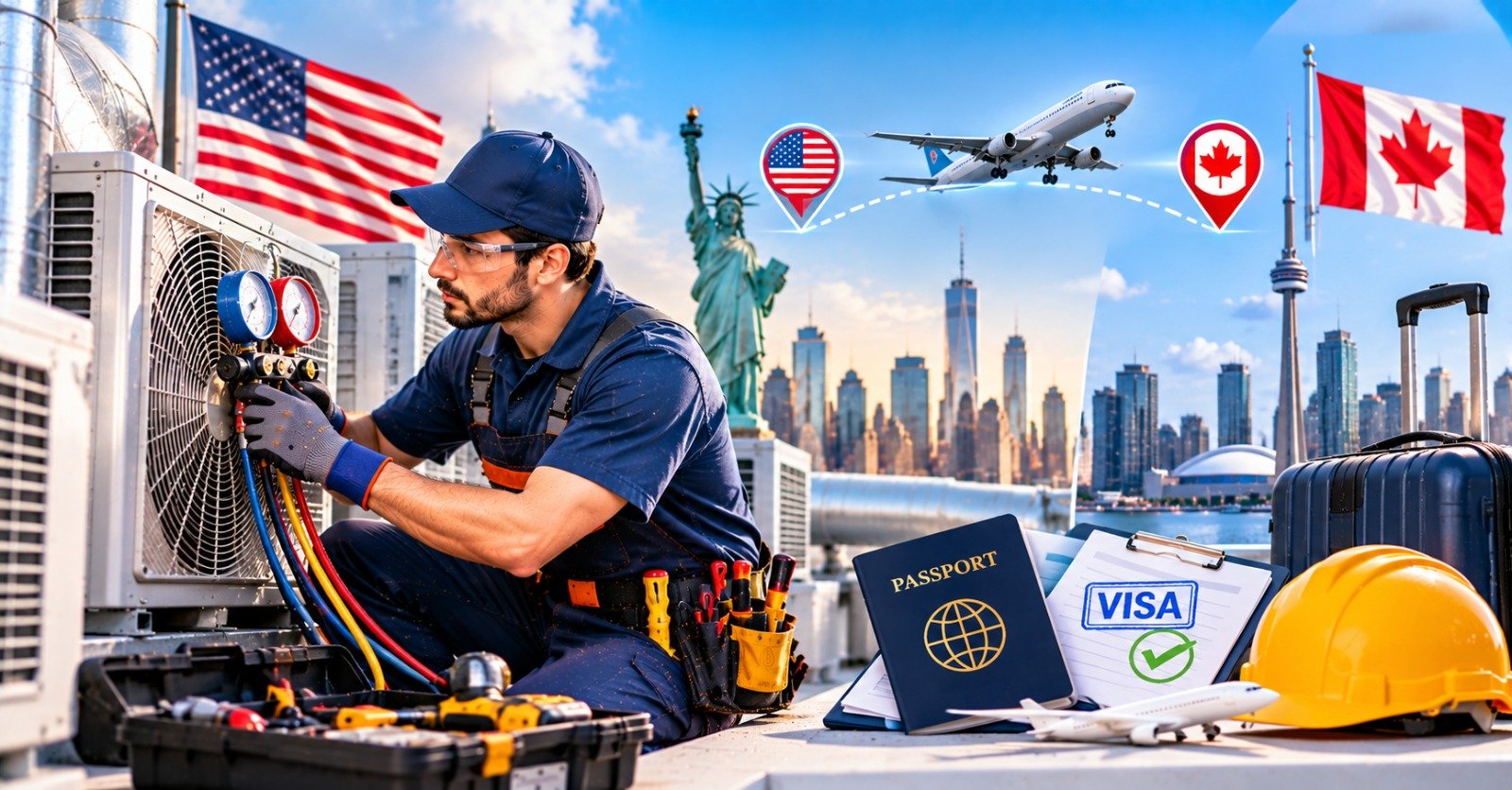 An HVAC technician in a navy cap connecting refrigerant gauges to a condenser unit, with a passport, a visa document and a hard hat beside a US and Canada skyline