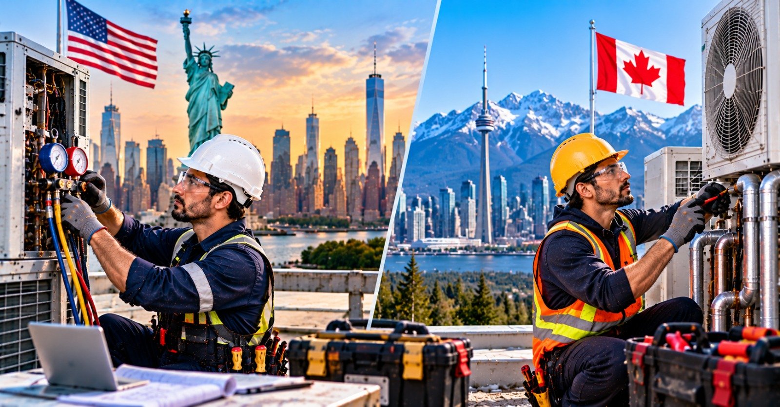 Two HVAC technicians on rooftops, one checking refrigerant gauges in front of the New York skyline and one working on condenser pipework in front of a Canadian city and mountains