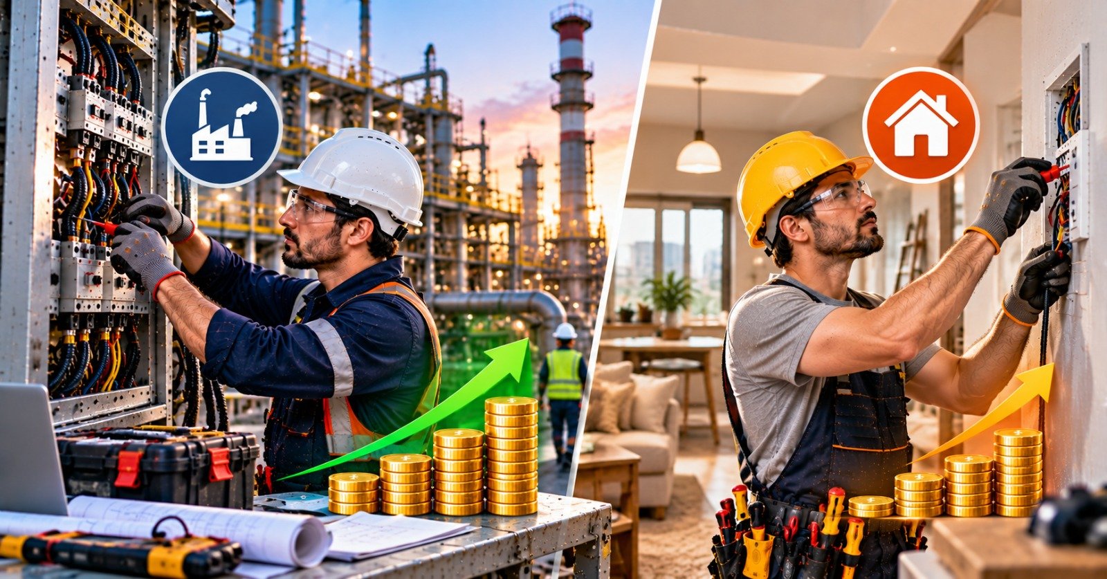 An industrial electrician working on a control cabinet with a laptop and drawings beside him at a refinery, next to a residential electrician working on a wall-mounted panel in a home