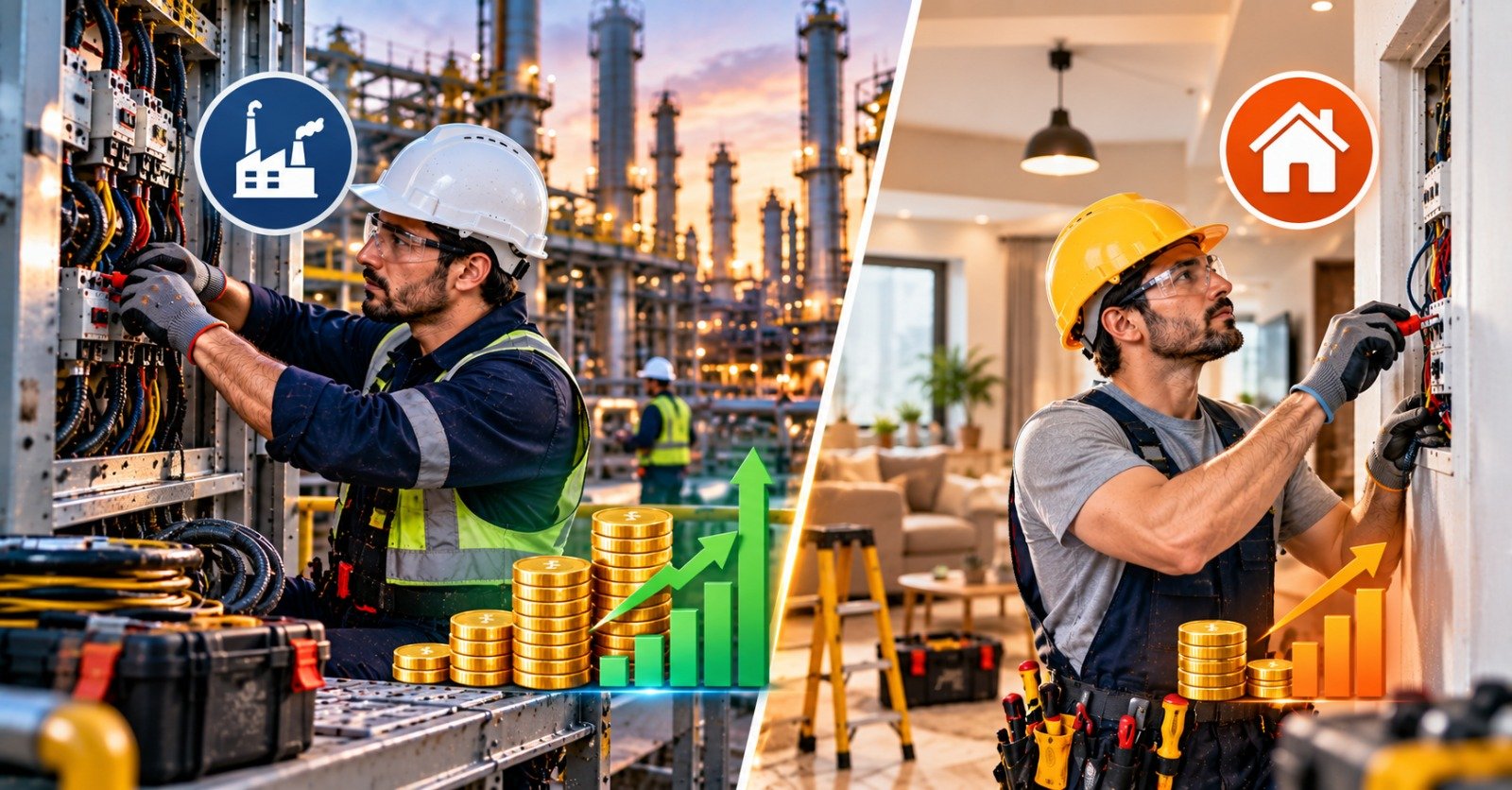 Split image of an electrician in a white hard hat working on a control panel at a refinery, beside an electrician in a yellow hard hat wiring a consumer unit in a living room