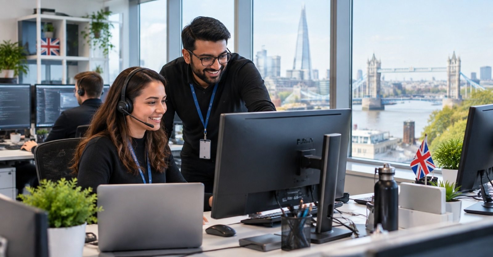 A service desk analyst wearing a headset works through a ticket with a colleague in a London office