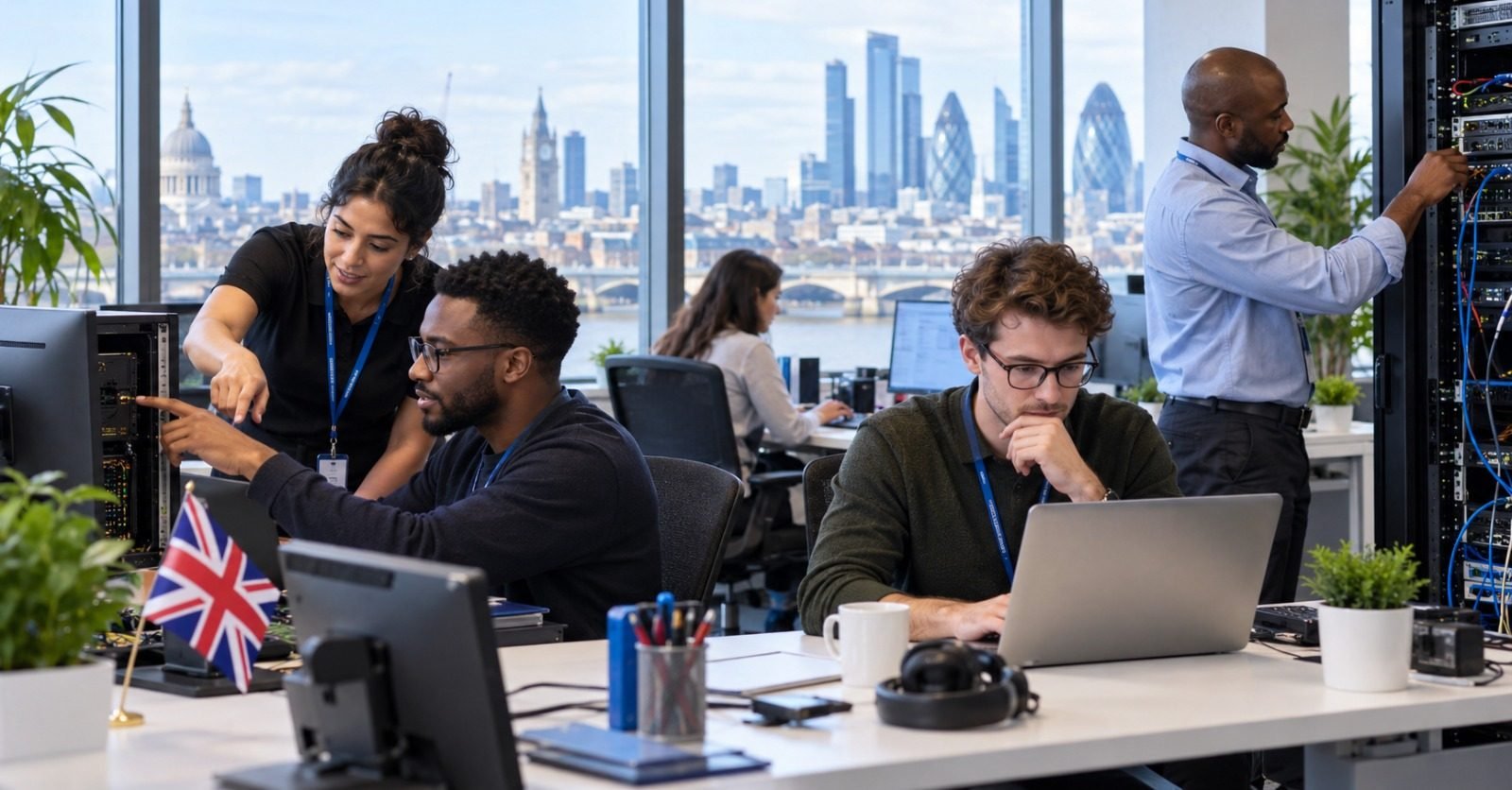An IT support team troubleshooting computers and a server rack in an office overlooking the London skyline