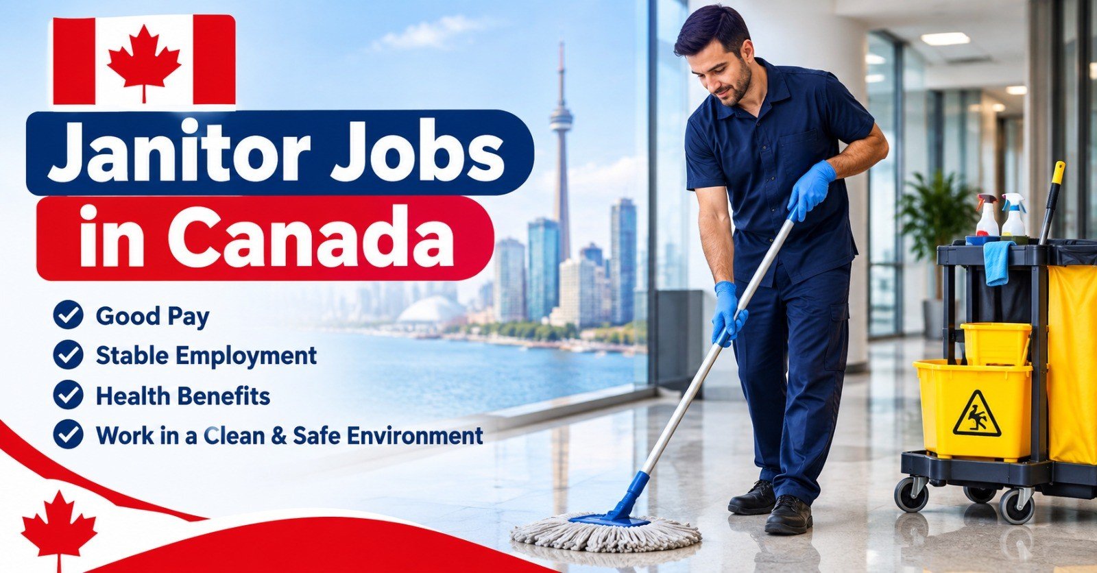 A janitor in a navy uniform and blue gloves mopping a polished office floor beside a cleaning cart, with the Toronto skyline behind