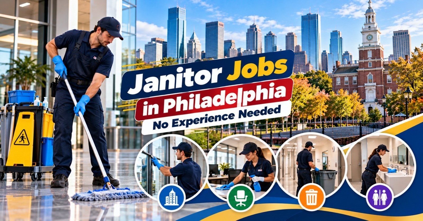 Janitor in a blue uniform and gloves mopping an office lobby in Philadelphia, with a cleaning cart and the city skyline behind