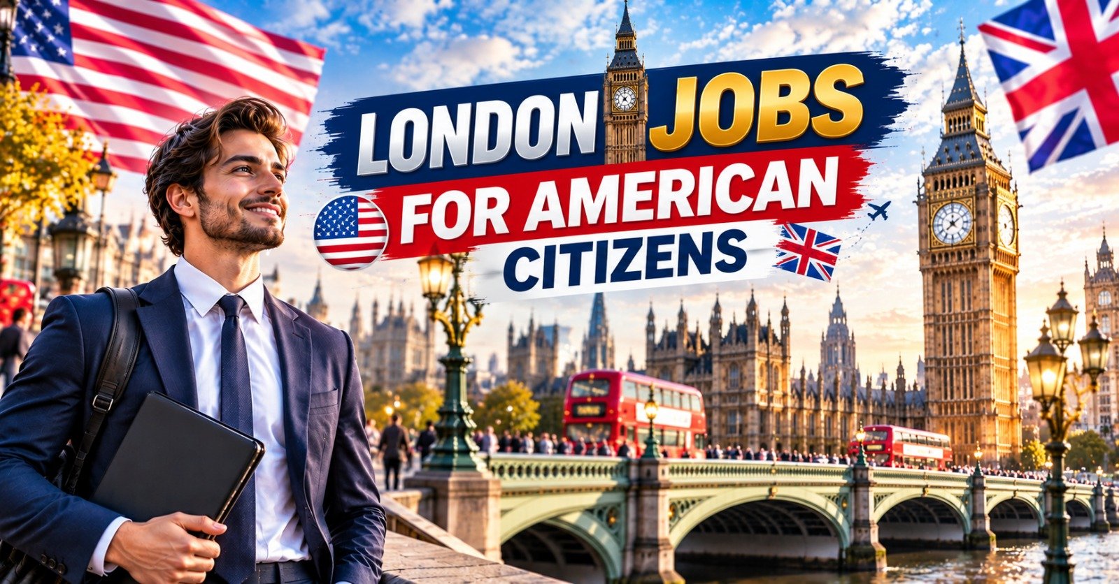An American professional with a laptop bag beside Westminster Bridge, with the Stars and Stripes, the Union Jack, Big Ben and a red double-decker bus, under the heading London Jobs for American Citizens