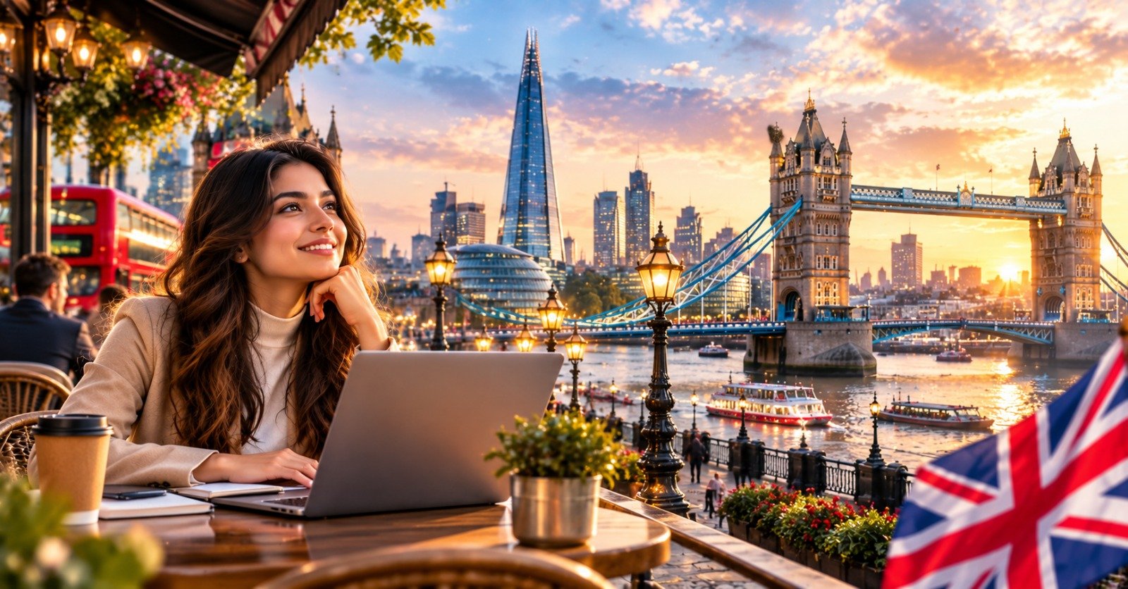 A woman working on a laptop at a riverside cafe table in London at sunset, with Tower Bridge, the Shard, a red double-decker bus and a Union Jack in the background