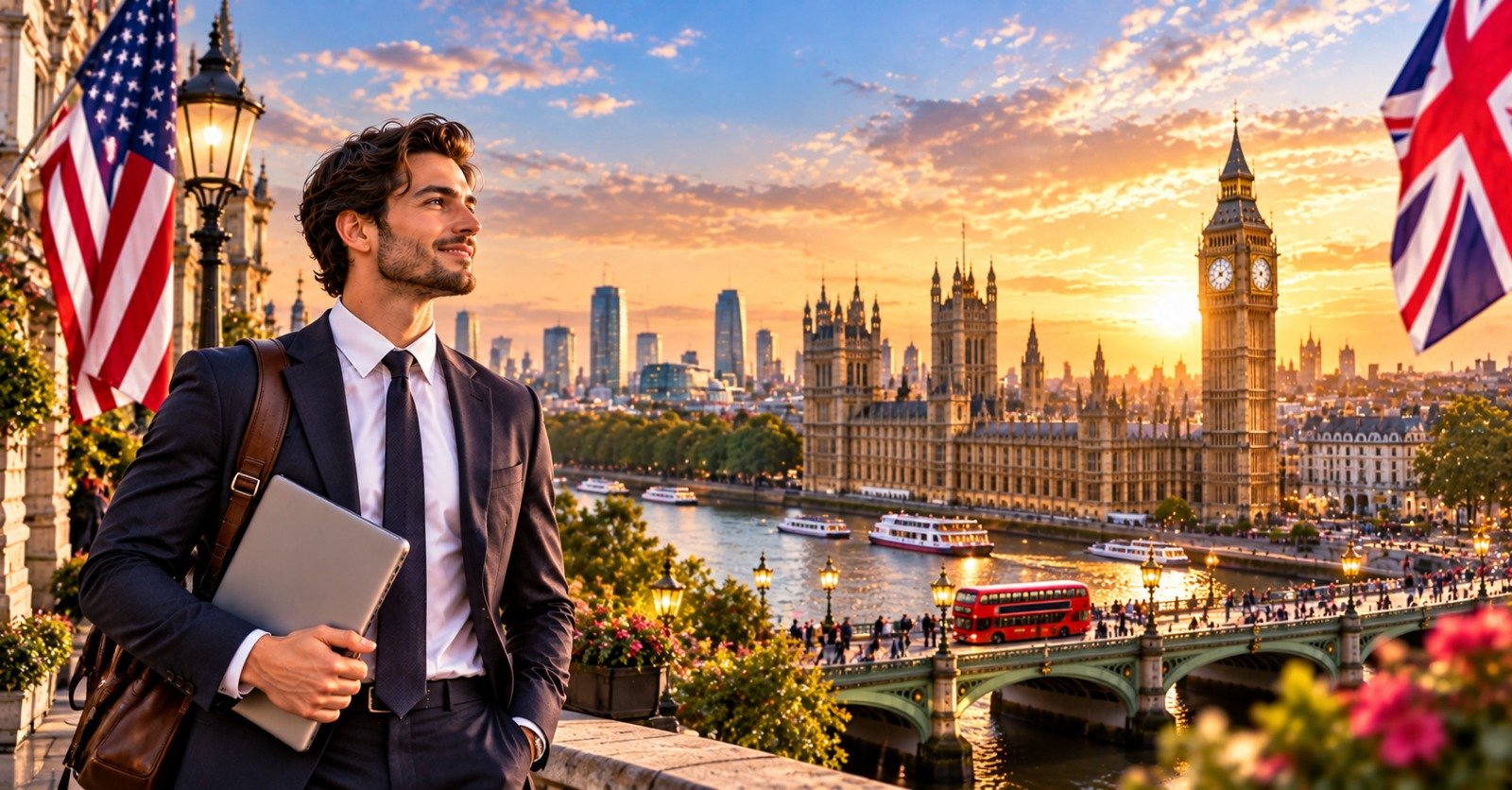 An American professional in a navy suit holding a laptop above the Thames at sunset, with the US flag, the Union Jack, the Houses of Parliament and the City skyline behind him