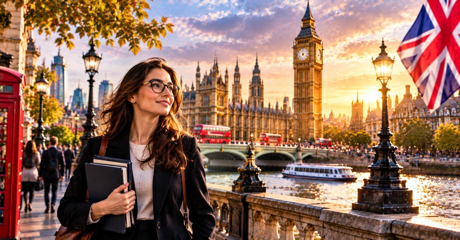 A professional in glasses holding folders on the Thames embankment at sunset, with a red telephone box, Westminster Bridge, Big Ben and the Union Jack behind her