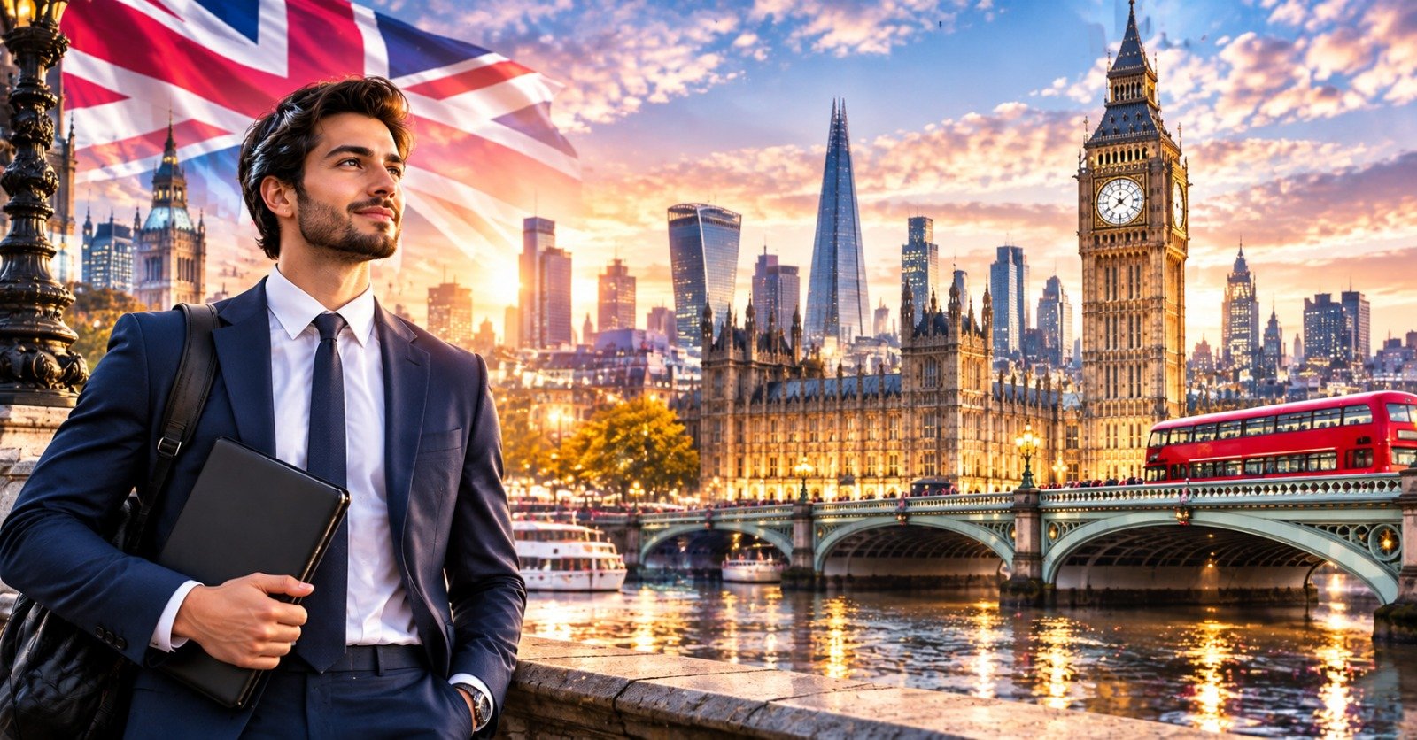 A man in a navy suit holding a laptop beside the Thames at sunset, with Big Ben, the Palace of Westminster, the Shard, a red double-decker bus and a Union Jack behind him