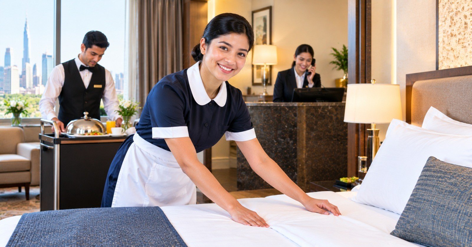 Hotel housekeeping and room service staff working in a guest room while a receptionist takes a call behind them