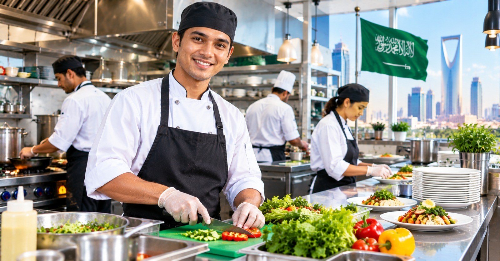 Kitchen staff in white jackets and aprons preparing salads and vegetables in a large hotel kitchen in Riyadh