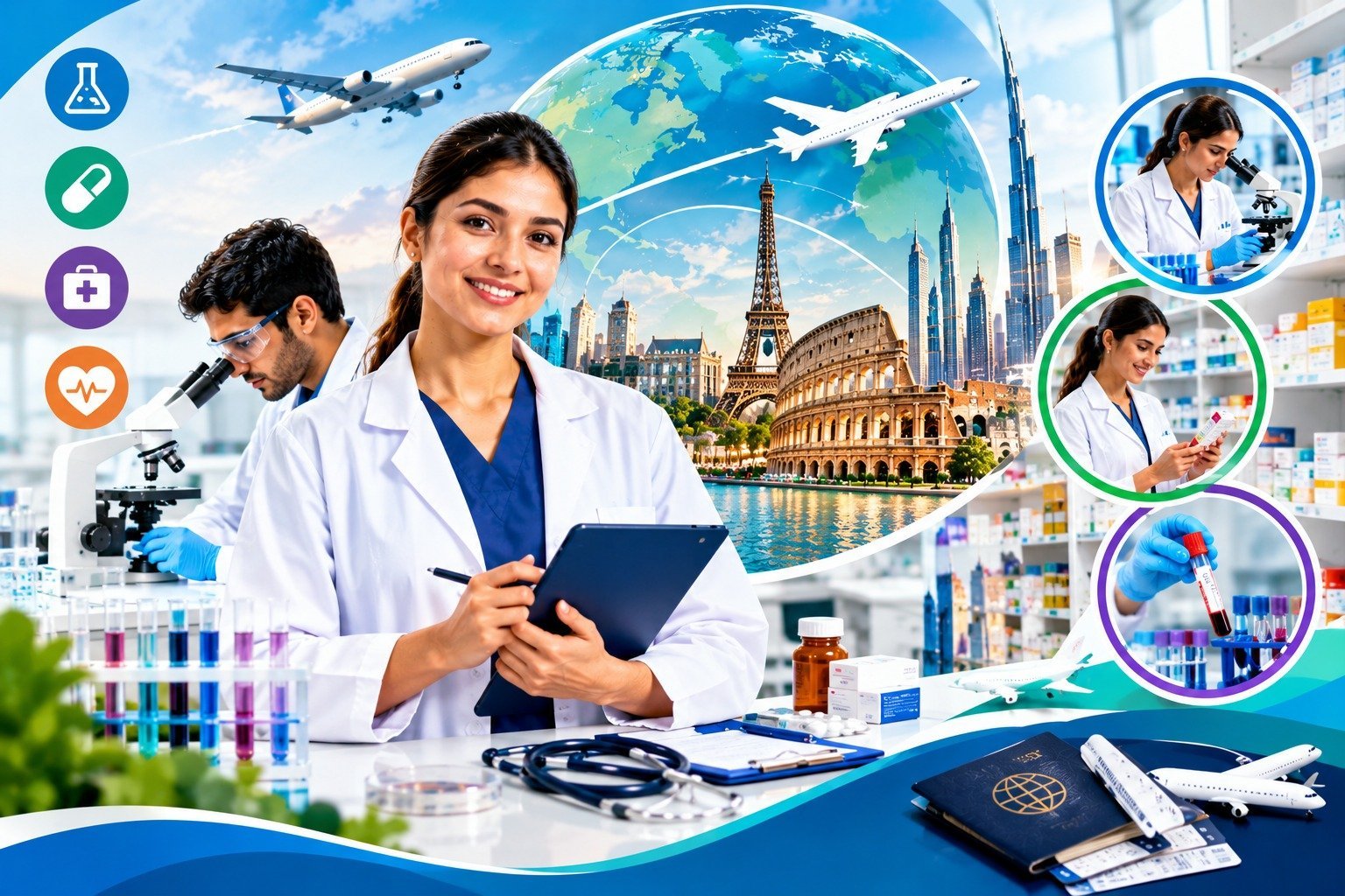 A smiling lab technician in a white coat holding a tablet beside a colleague at a microscope, with pharmacy and laboratory scenes, a plane and a passport around her