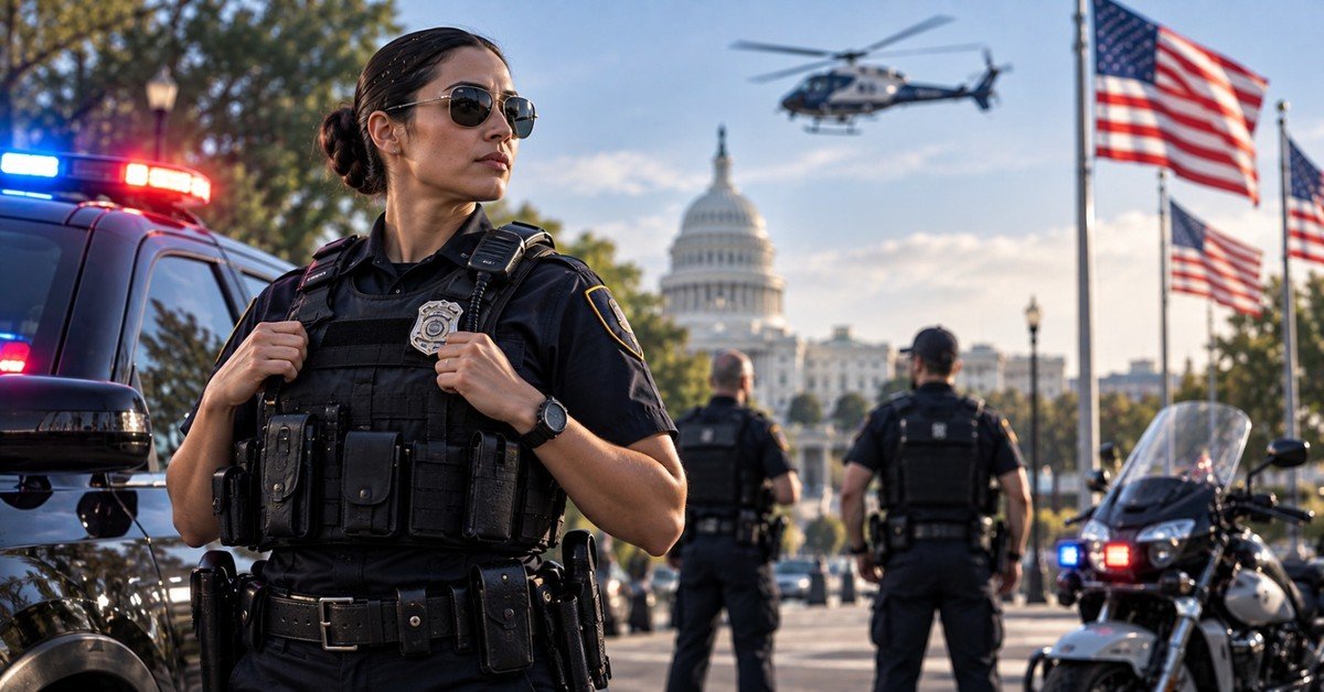A female police officer in a tactical vest stands beside a patrol car near the US Capitol as other officers and a police helicopter patrol