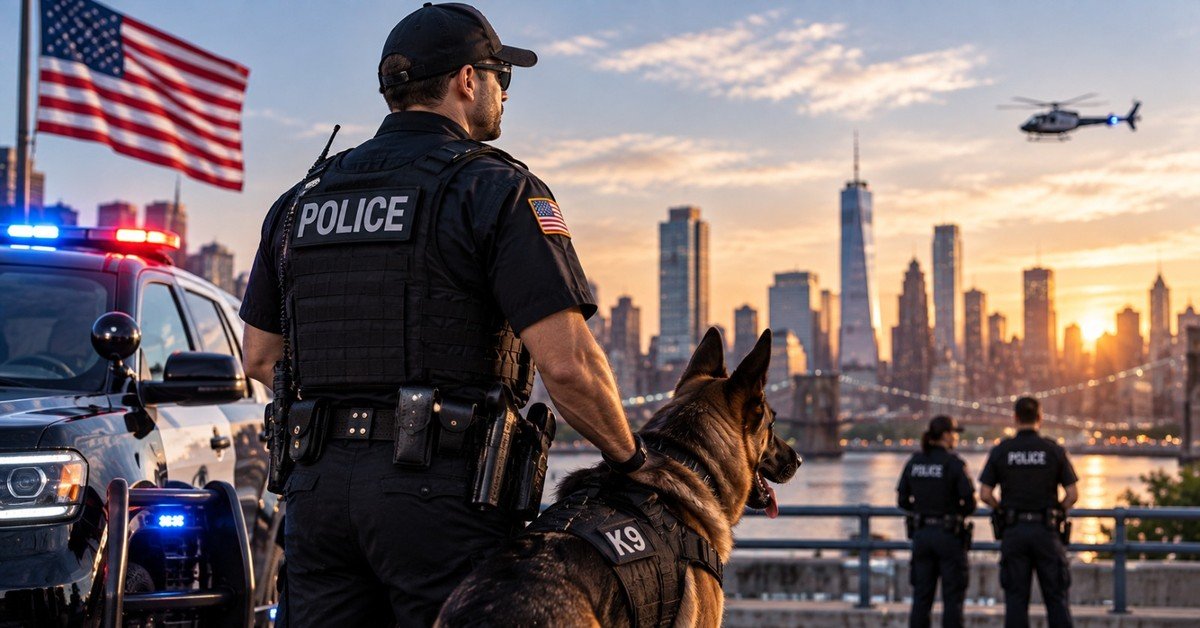 A police K9 officer with a German shepherd beside a patrol car, looking across the river at a city skyline at sunset