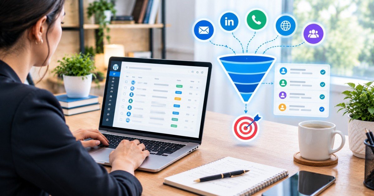 Lead generation workflow showing email, LinkedIn, phone and web channels feeding a funnel into a list of qualified contacts