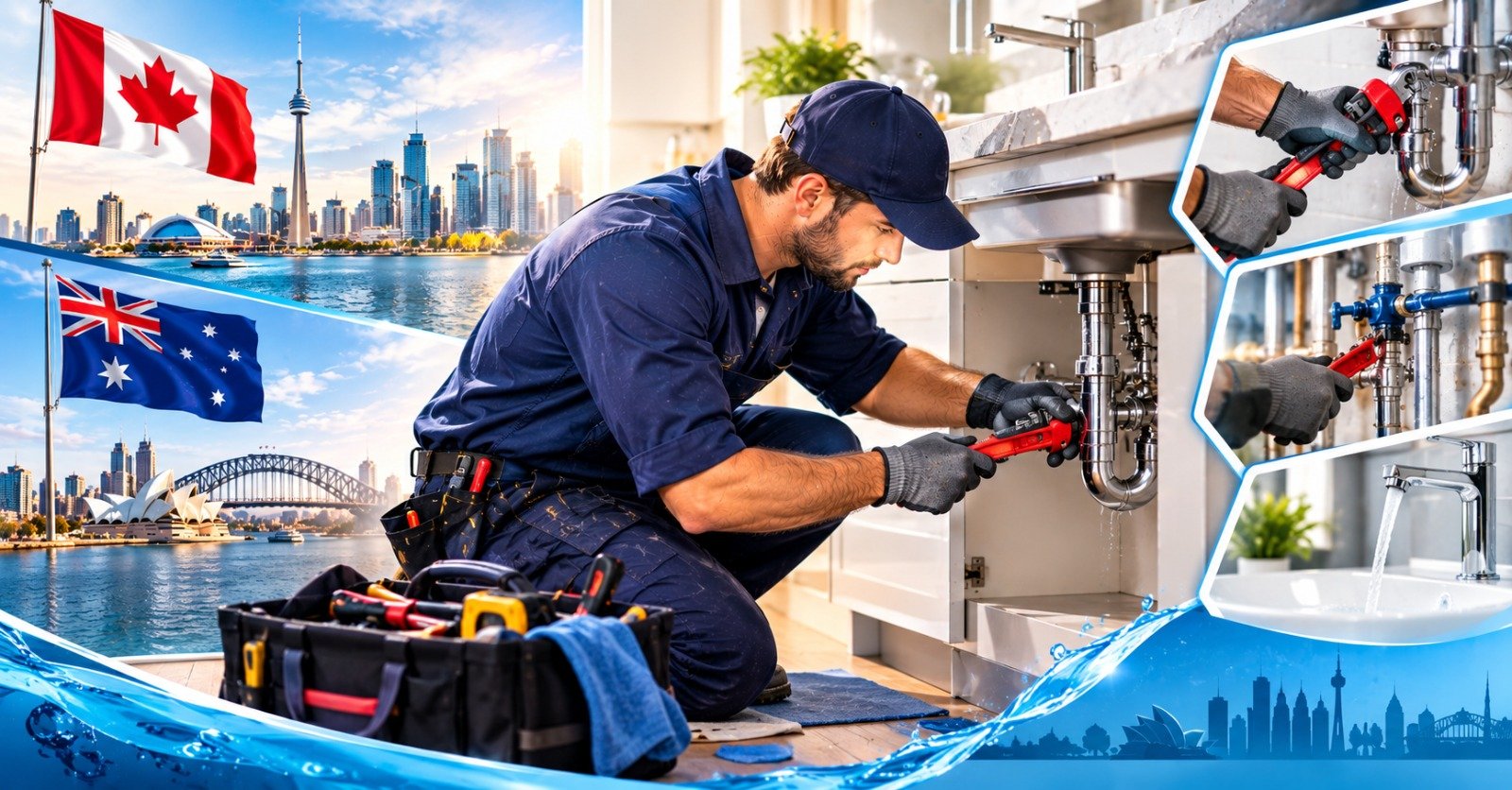 A plumber tightening a pipe under a kitchen sink, with the Canadian flag and Toronto skyline above the Australian flag and Sydney Harbour behind him