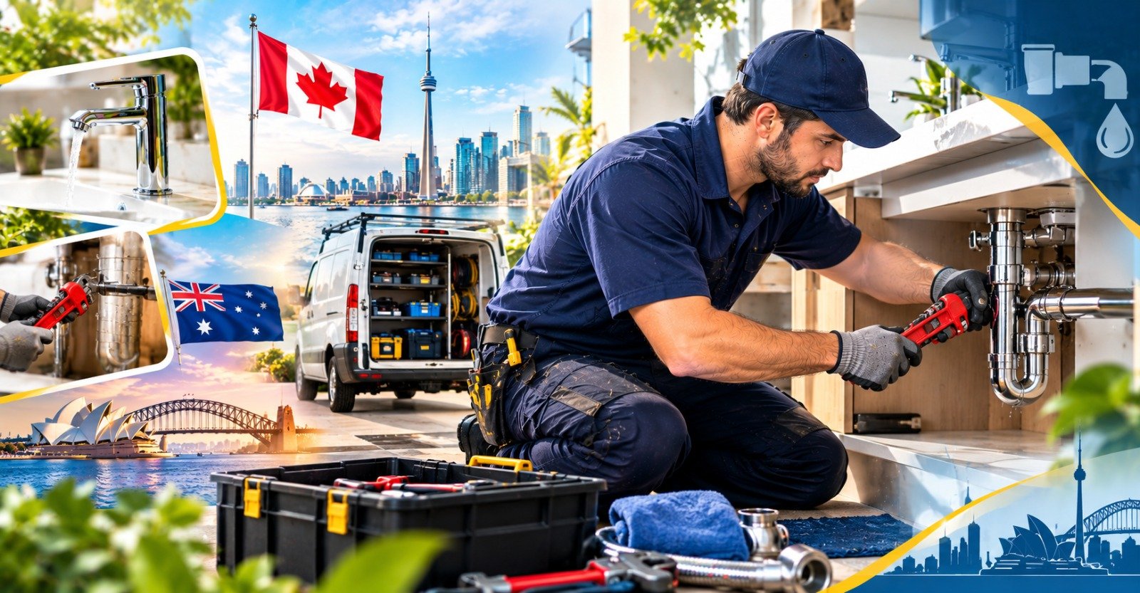 A plumber working on pipework beside a fully stocked service van, with Canadian and Australian flags, the Toronto skyline and Sydney Harbour Bridge in the background