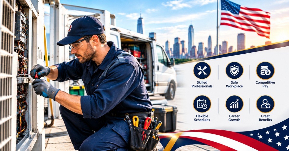 A maintenance technician with a service van and tool belt working on equipment on a rooftop, beside a Maintenance Technician Jobs in USA banner