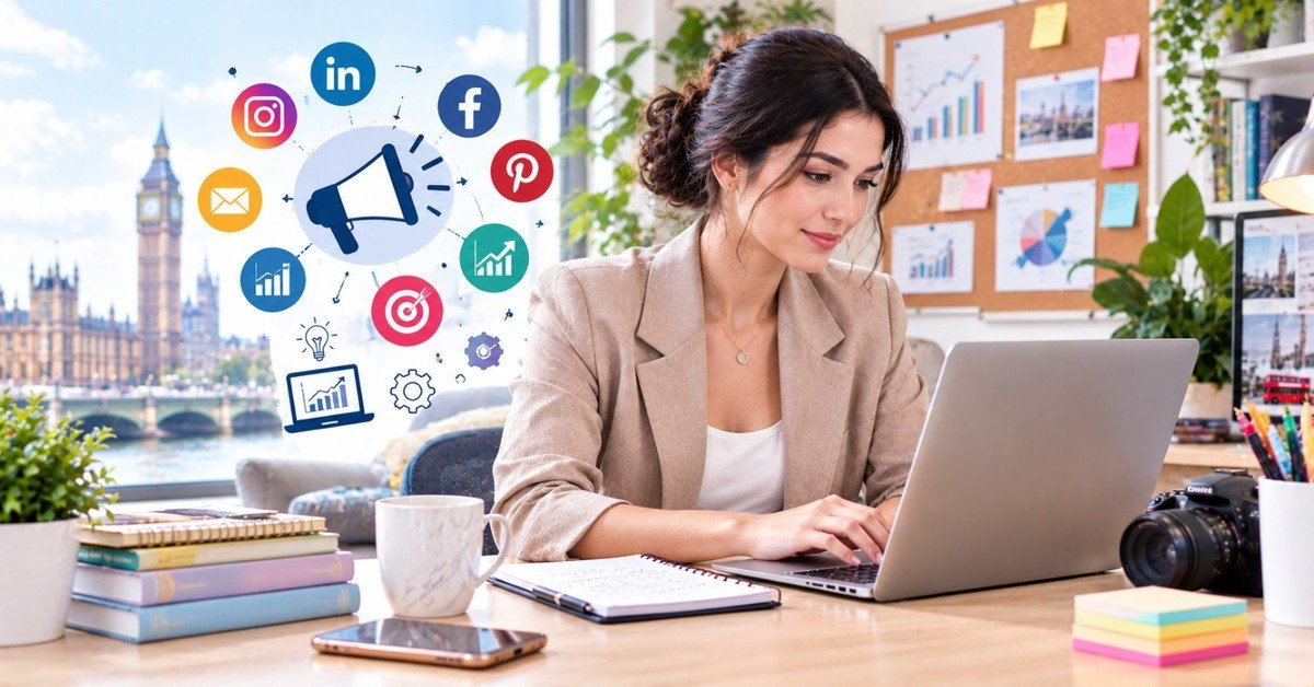 A UK marketer at a laptop surrounded by social, email, analytics and paid media channel icons, beside a Marketing Jobs in UK banner