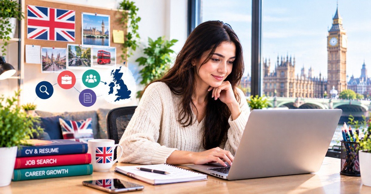 A jobseeker researching UK marketing roles on a laptop with CV, job search and career-growth books, beside a Marketing Jobs in UK banner