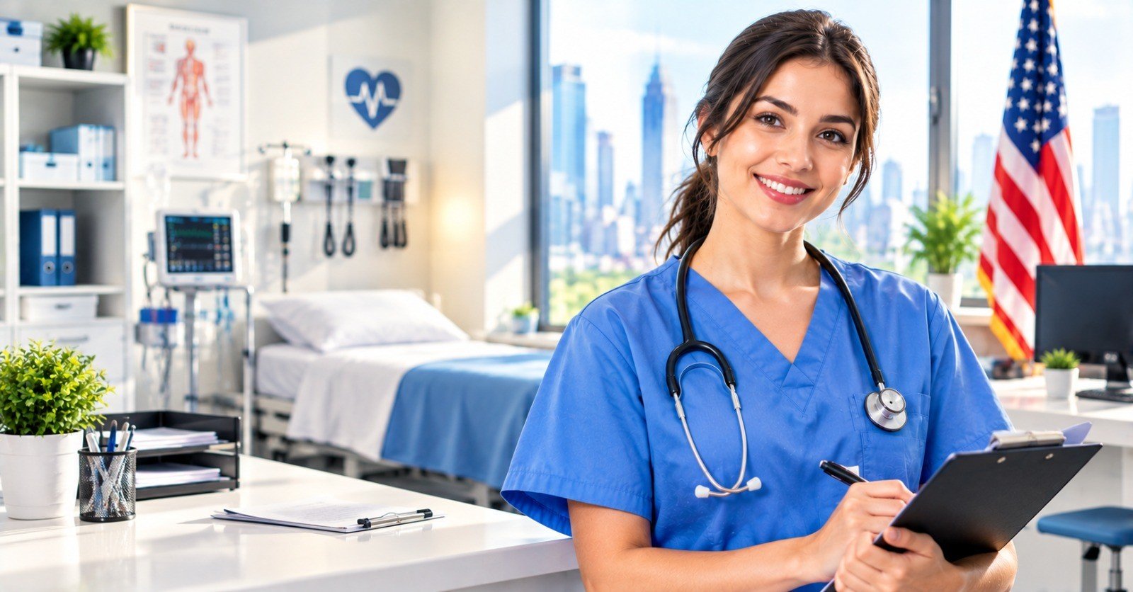 A medical assistant at a US clinic reception desk with an examination room and monitoring equipment behind her