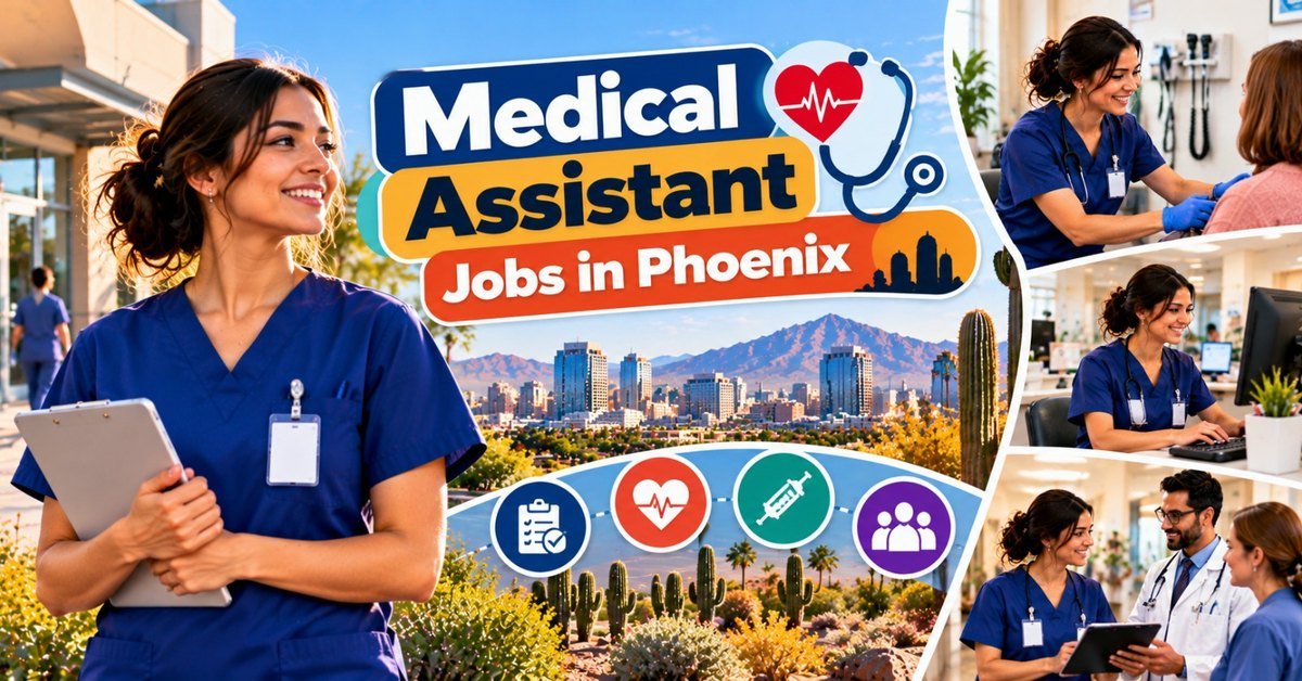 A medical assistant in navy scrubs holding a tablet, with the Phoenix skyline, desert cacti and scenes of clinic work