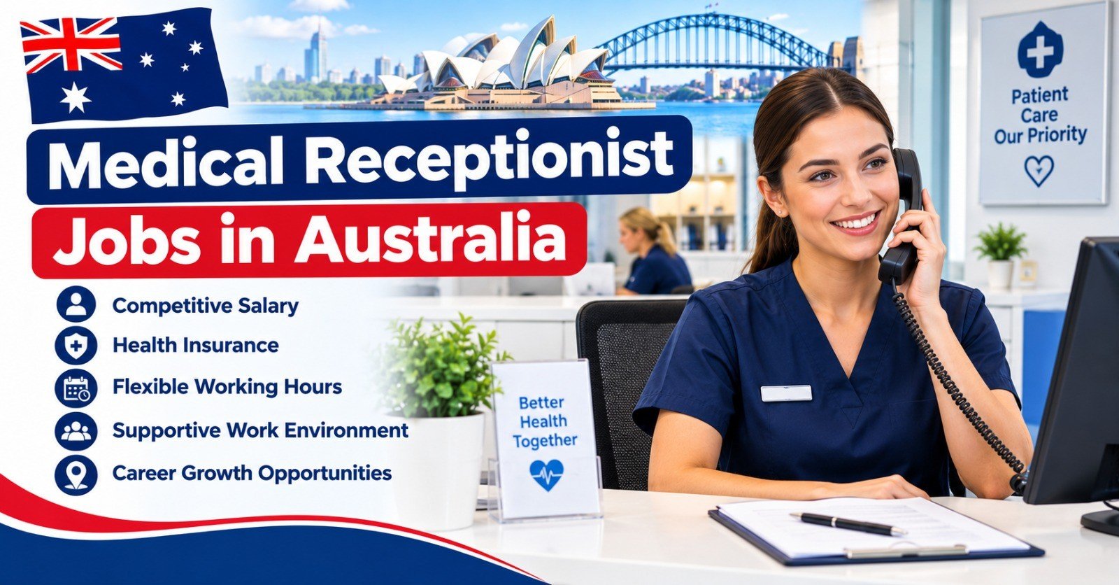 A smiling medical receptionist in navy scrubs answering the phone at a clinic front desk, with the Sydney Opera House and Harbour Bridge in the background