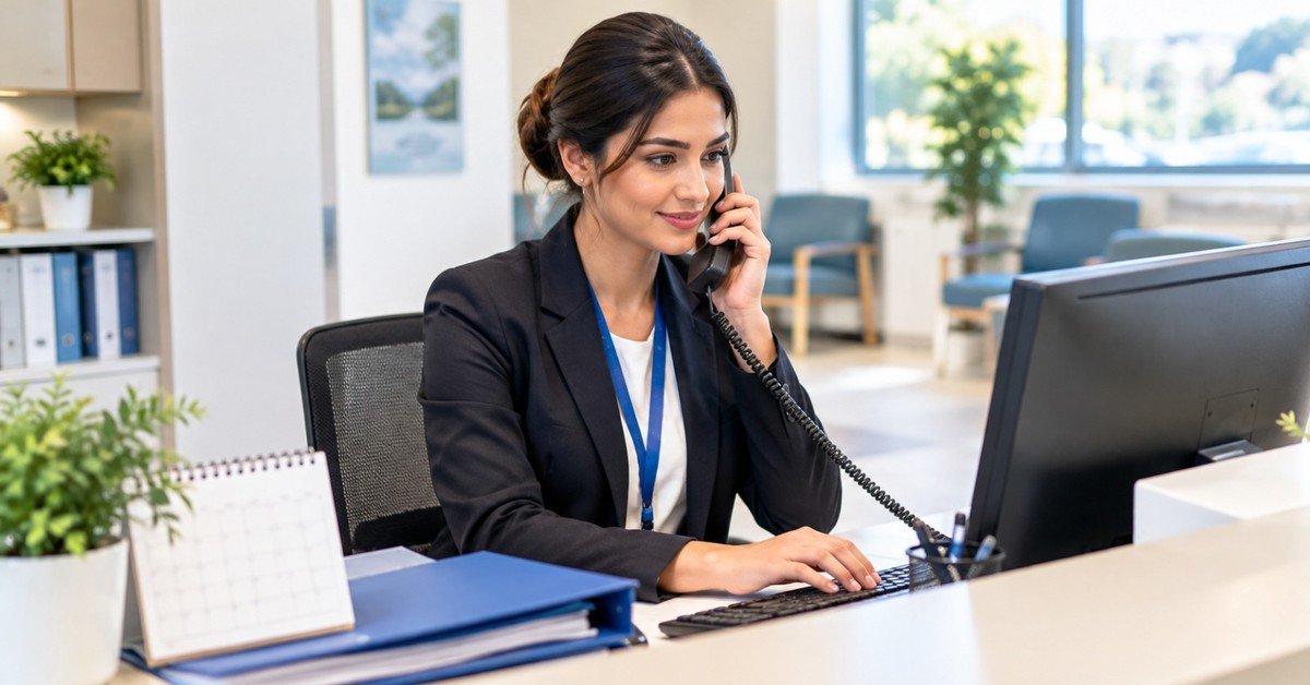 Reception desk at a medical practice with a member of staff on the phone
