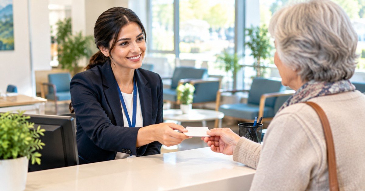 Administrator working with patient records at a desk