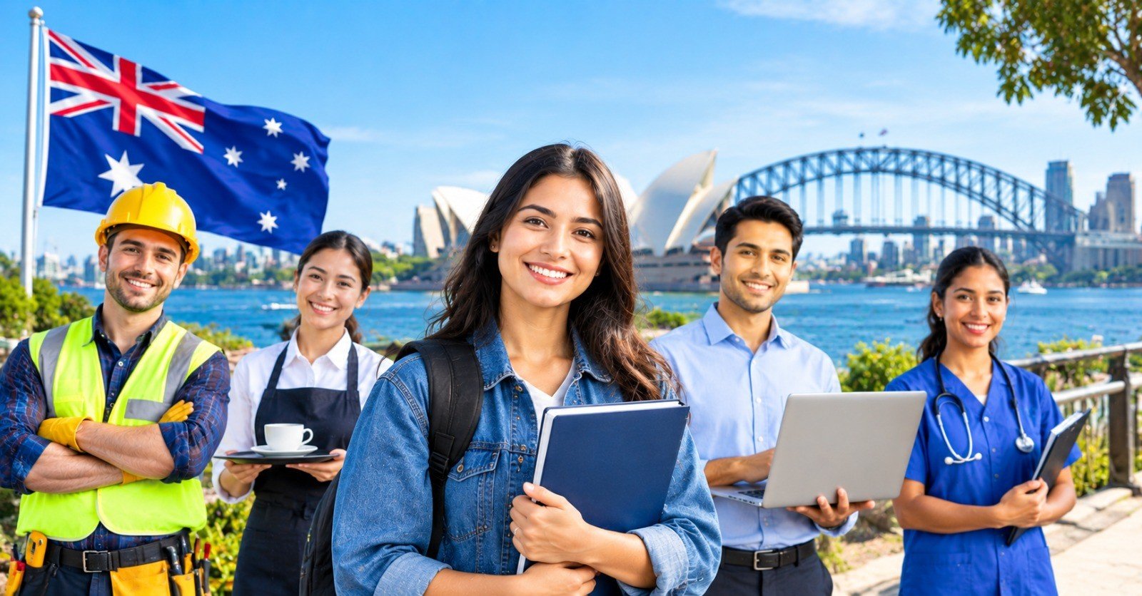 A group of entry-level workers in construction, cafe, student, office and healthcare clothing in front of Sydney Harbour