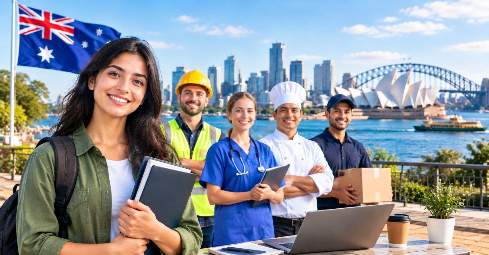 Entry-level workers including a tradesperson, nurse, chef and delivery driver smiling by Sydney Harbour with a laptop on the table