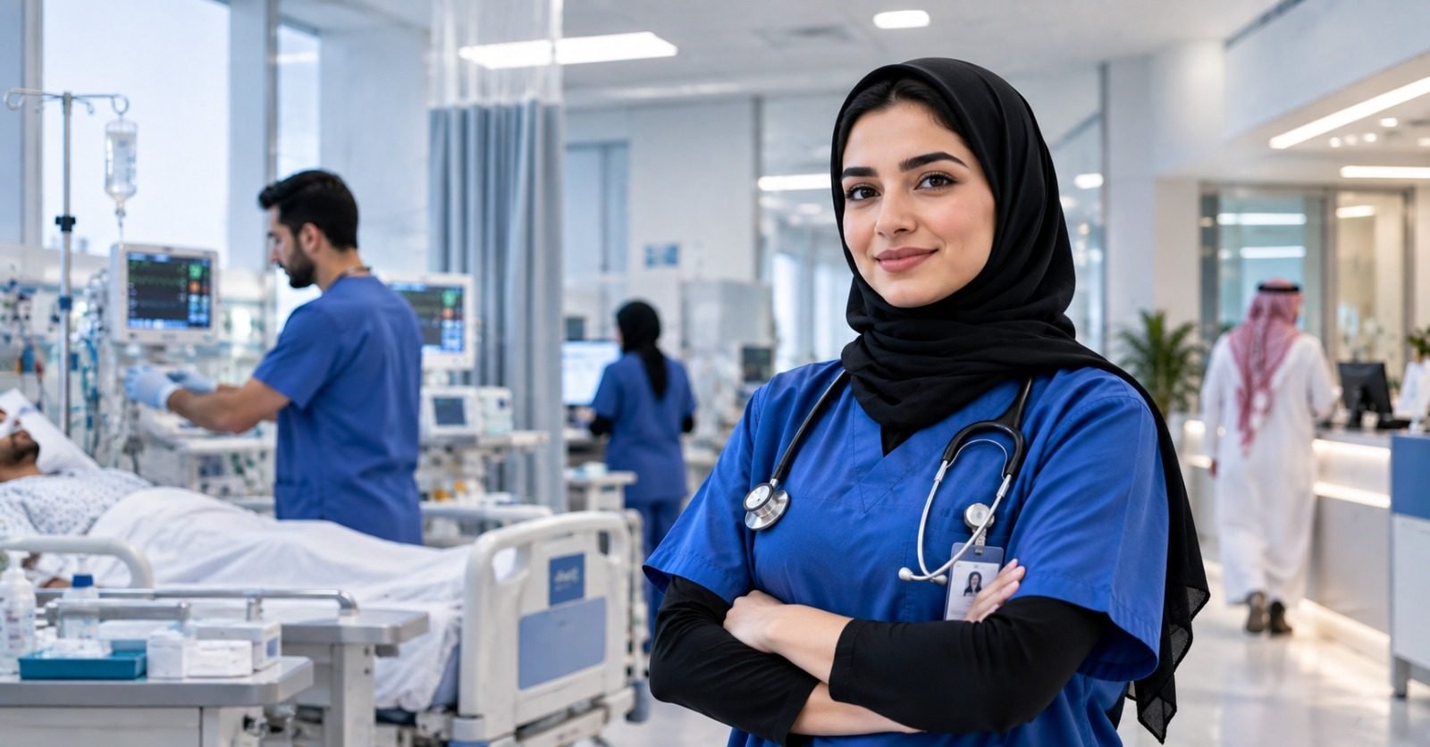 A nurse standing in a Saudi hospital intensive care unit while colleagues care for patients