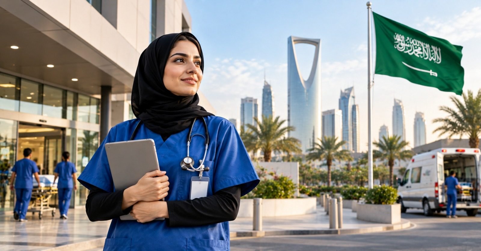 A nurse in scrubs holding a tablet outside a hospital in Riyadh with the Kingdom Centre behind her