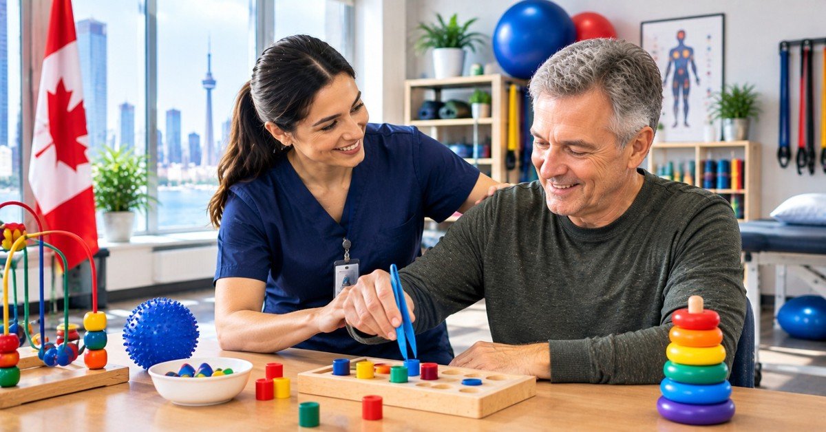 An occupational therapist helping a smiling man use tongs on a wooden peg board during a hand rehabilitation session, a Canadian flag and the Toronto waterfront behind them