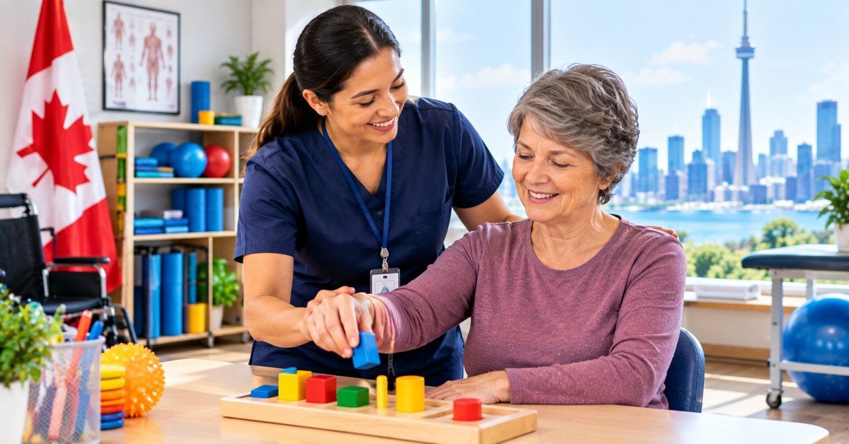 An occupational therapist in navy scrubs guiding an older woman through a coloured-block fine motor exercise at a table, the CN Tower and Toronto skyline through the window
