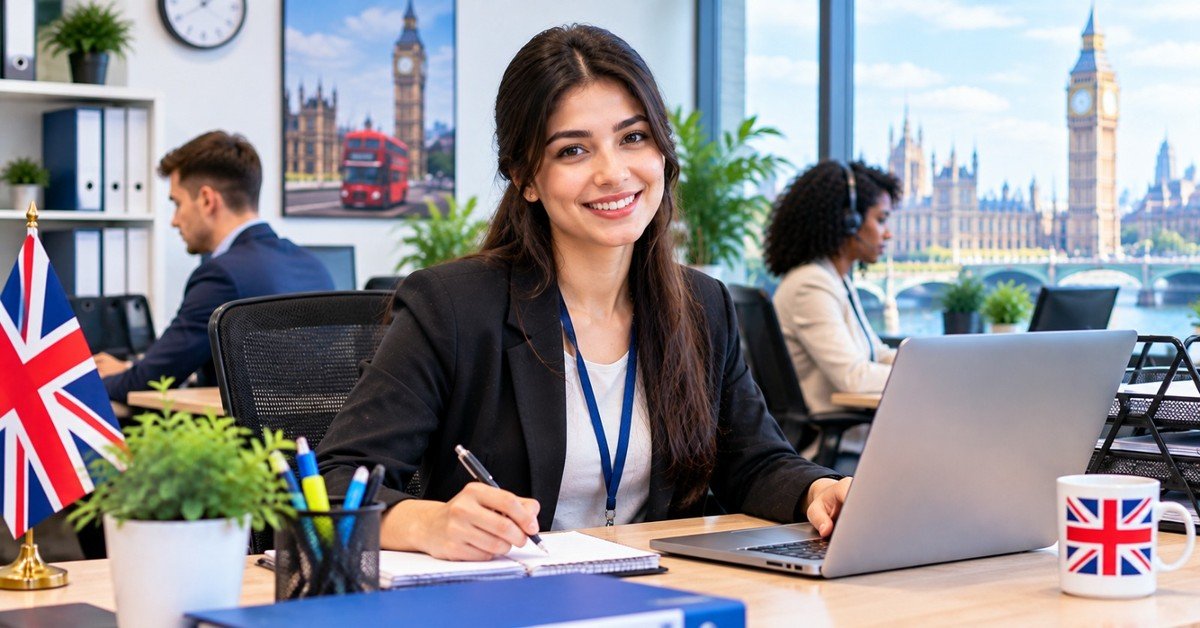 A smiling office assistant in a blazer working at a laptop in a bright London office, colleagues and a Union Jack flag nearby and Big Ben visible through the window
