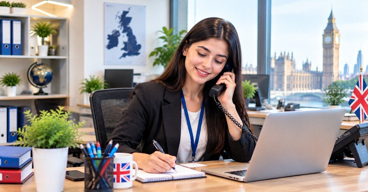 An office assistant on the phone taking notes at a reception desk in a bright UK office, a map of the United Kingdom on the wall and a Union Jack flag on the desk