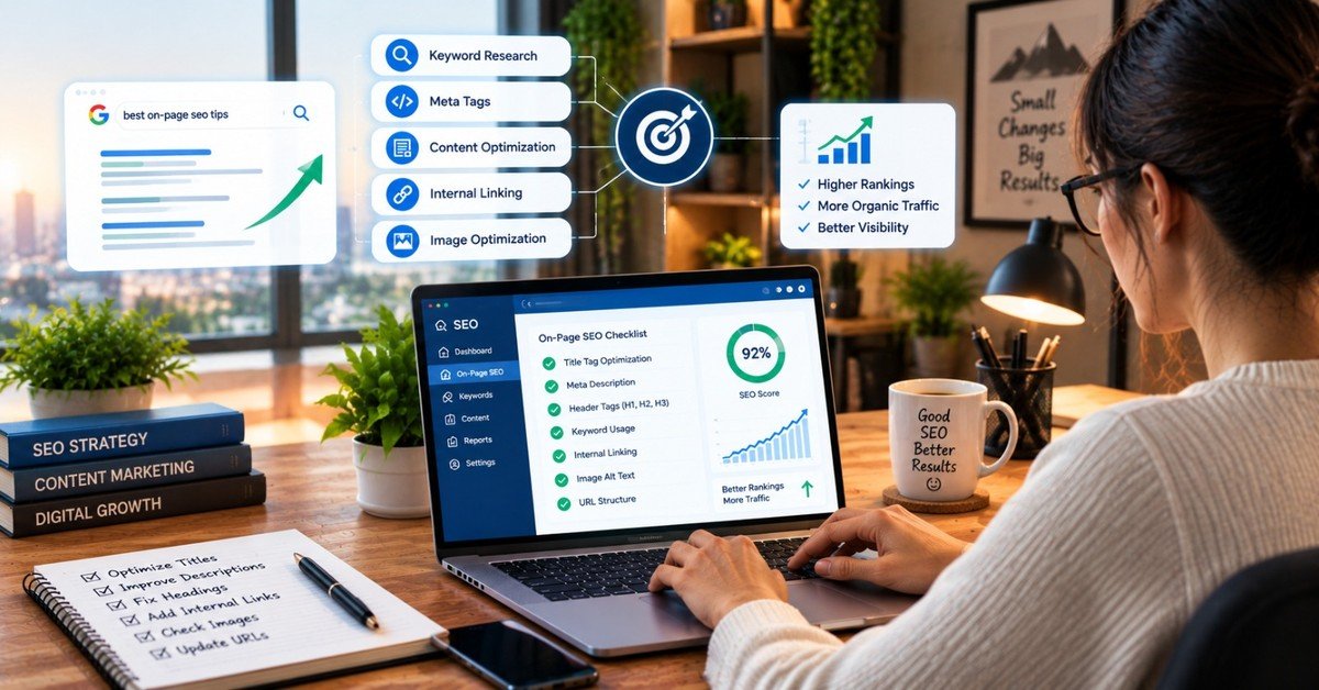 An on-page SEO checklist being worked through on a laptop