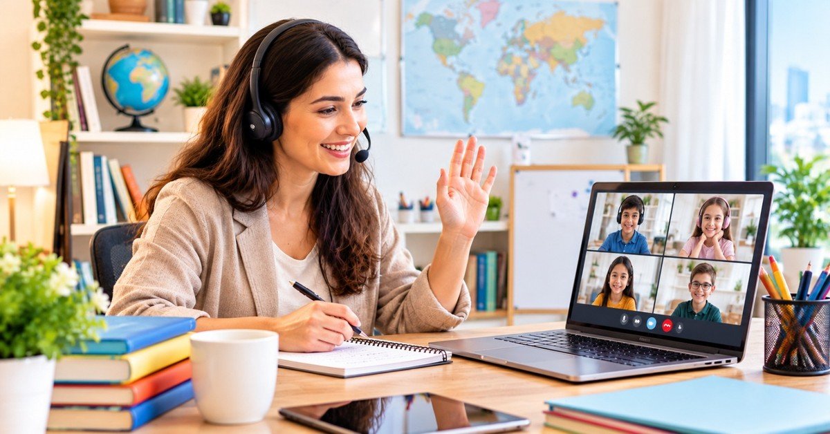 An online teacher wearing a headset waving to a video class of four children on her laptop, beside an Online Teacher Jobs Worldwide banner