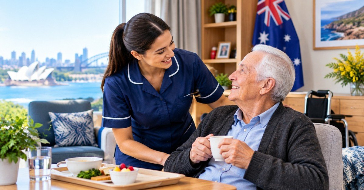 A personal care assistant in navy uniform serving a meal on a tray to a smiling older man in his living room, an Australian flag and the Sydney skyline in the background