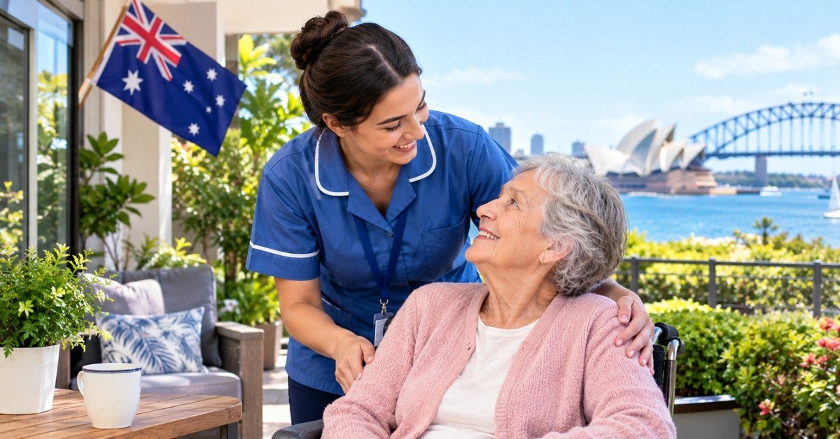 A smiling personal care assistant in blue uniform resting a hand on the shoulder of an older woman on a sunny terrace, the Sydney Opera House and Harbour Bridge behind them