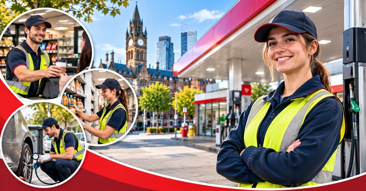 Petrol station assistant smiling at the pumps, with scenes of a till, a shop and a forecourt in Manchester