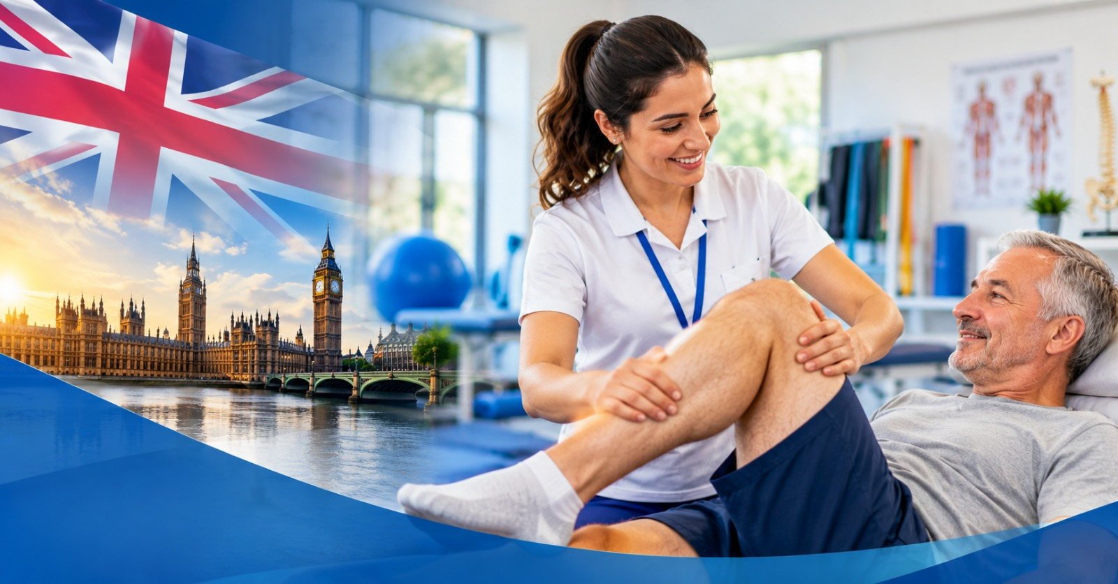 Physiotherapy assistant supporting a patient with mobility exercises in a UK hospital department